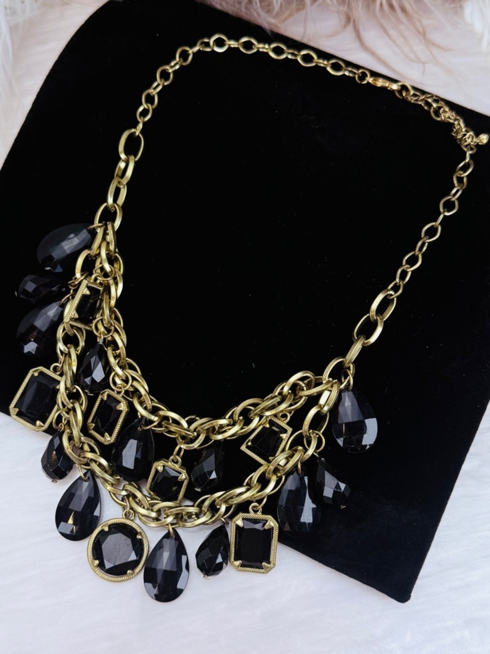 Vintage double strand, aged brass goldtone black weighted bib, necklace